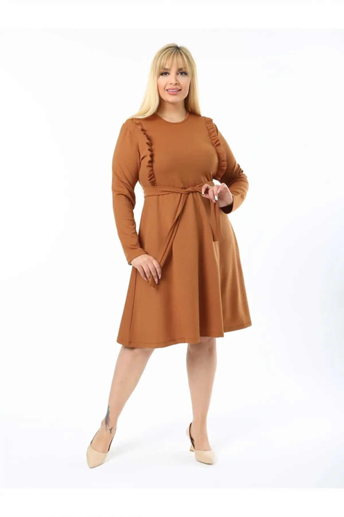 KADIN HARDAL BÜYÜK BEDEN FIRFIR DETAY KEMERLİ LİKRALI MİRA ELBİSE