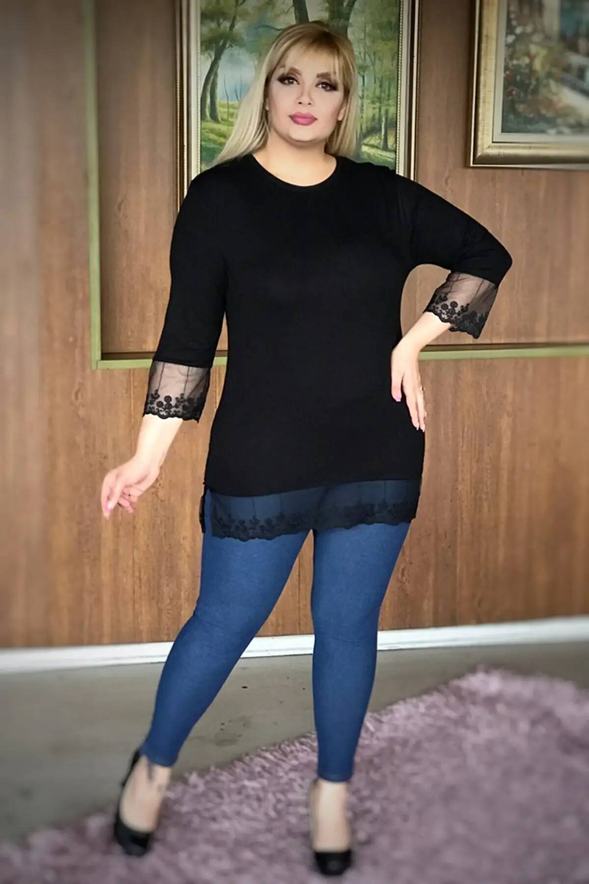 KADIN SİYAH BÜYÜK BEDEN KOLLARI ETEĞİ TÜLLÜ LİKRALI VİSKON BLUZ