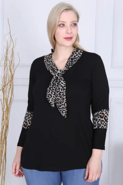 KADIN SİYAH BÜYÜK BEDEN YAKASI KOLLARI LEOPAR FULAR LİKRALI VİSKON BLUZ