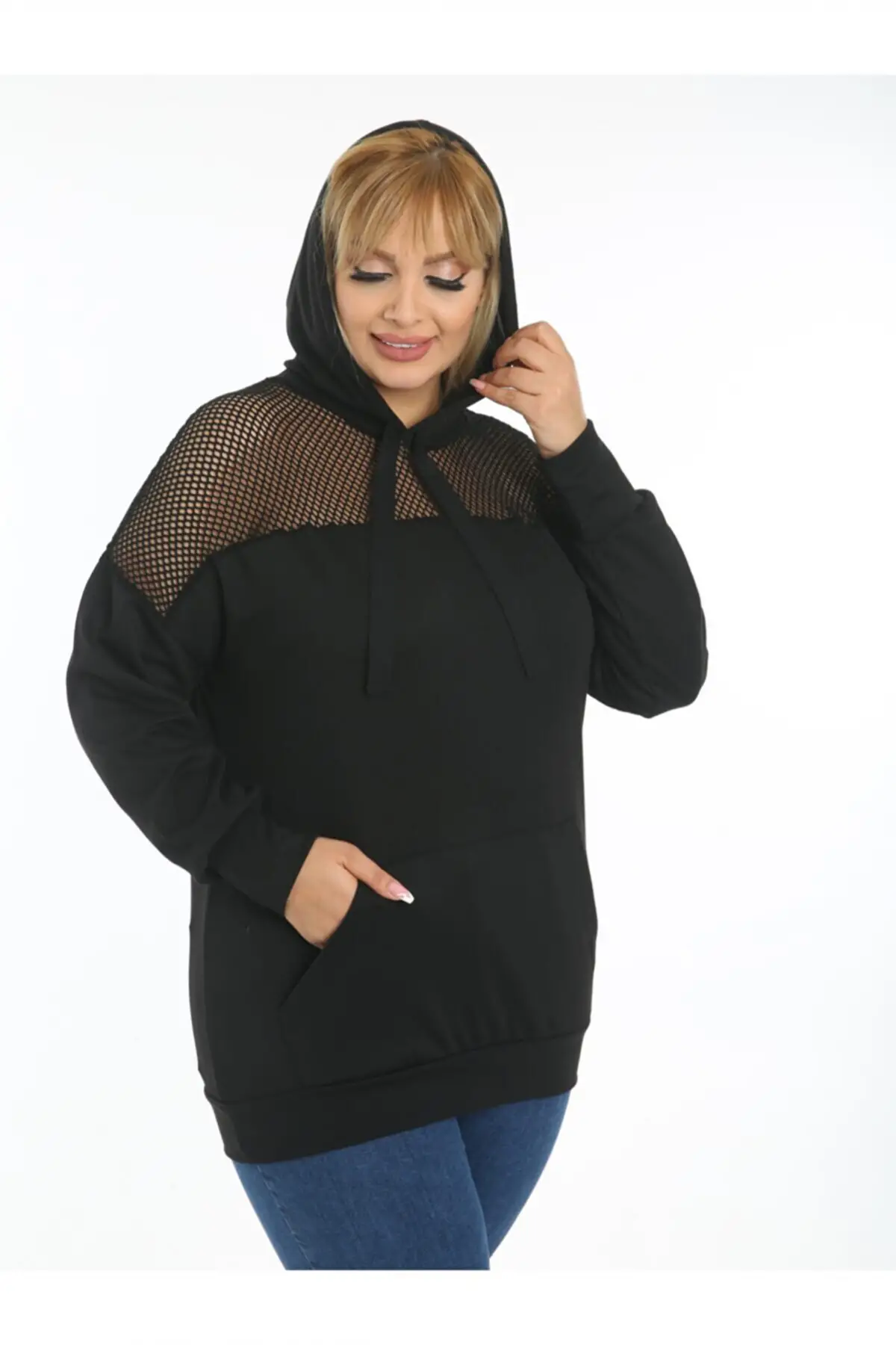 KADIN SİYAH BÜYÜK BEDEN KAPŞONLU FİLE DETAY ESNEK ÇELİK SWEATSHIRT