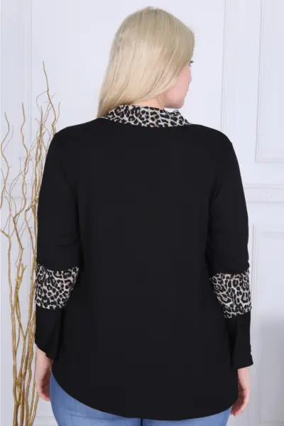 KADIN SİYAH BÜYÜK BEDEN YAKASI KOLLARI LEOPAR FULAR LİKRALI VİSKON BLUZ