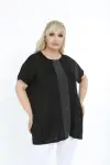 KADIN SİYAH BÜYÜK BEDEN LAME ŞERİT DETAY VEREV KESİM ESNEK VİSKON BLUZ