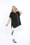 KADIN SİYAH BÜYÜK BEDEN LAME ŞERİT DETAY VEREV KESİM ESNEK VİSKON BLUZ