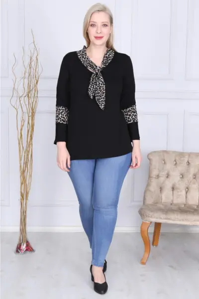 KADIN SİYAH BÜYÜK BEDEN YAKASI KOLLARI LEOPAR FULAR LİKRALI VİSKON BLUZ