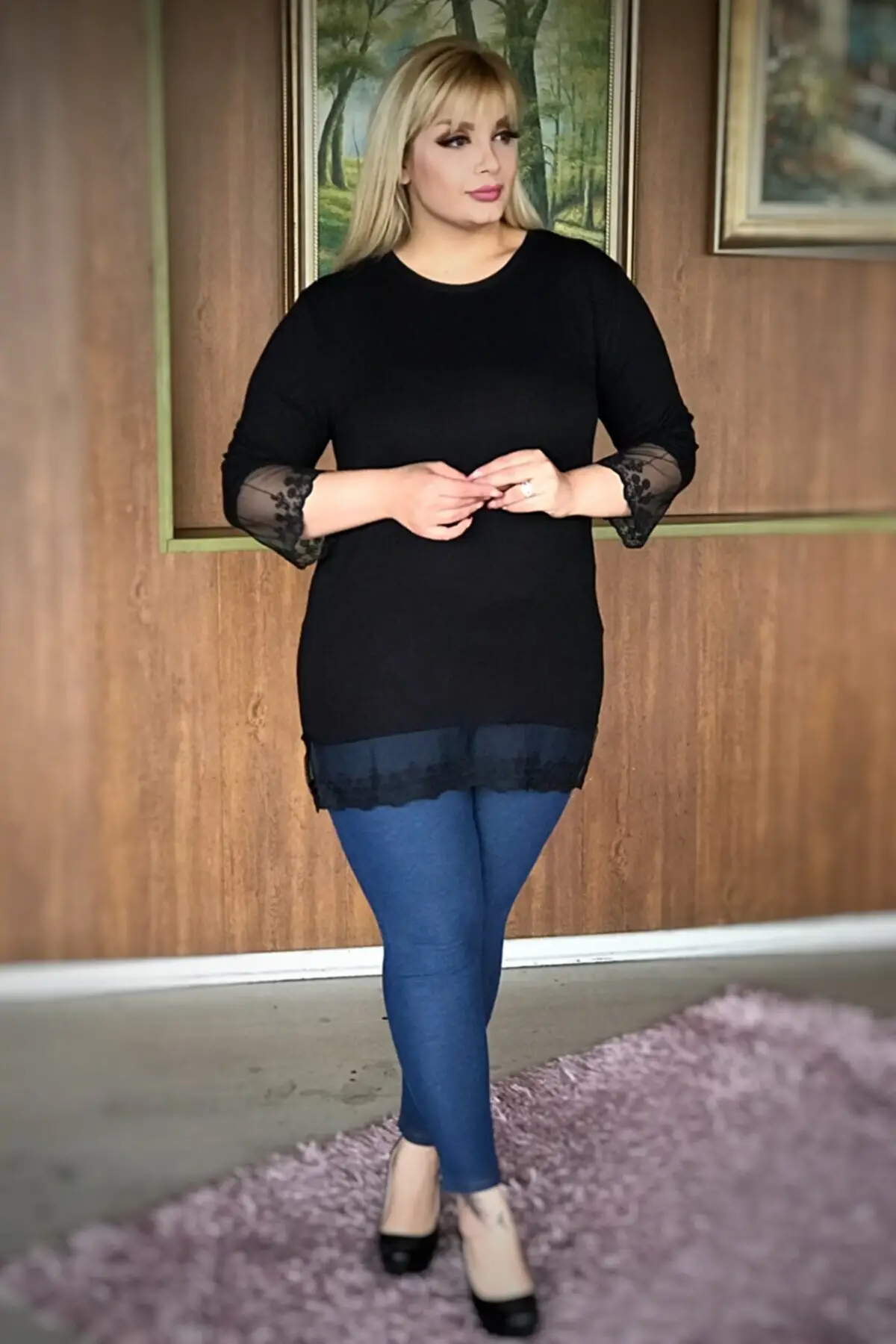 KADIN SİYAH BÜYÜK BEDEN KOLLARI ETEĞİ TÜLLÜ LİKRALI VİSKON BLUZ