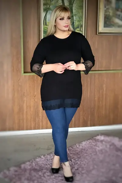 KADIN SİYAH BÜYÜK BEDEN KOLLARI ETEĞİ TÜLLÜ LİKRALI VİSKON BLUZ