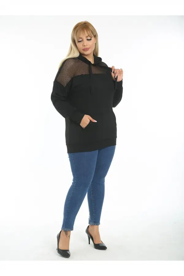 KADIN SİYAH BÜYÜK BEDEN KAPŞONLU FİLE DETAY ESNEK ÇELİK SWEATSHIRT