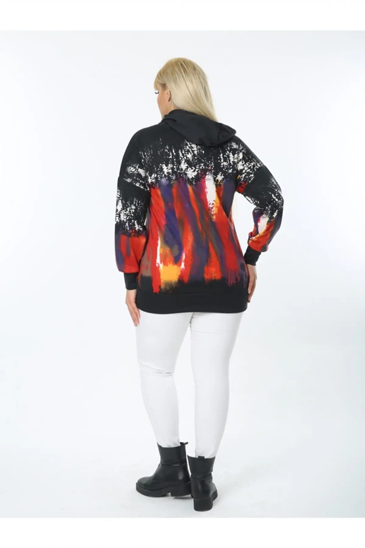 KADIN SİYAH BÜYÜK BEDEN KANGURU CEP KAPŞONLU ESNEK SCUBA SWEATSHIRT