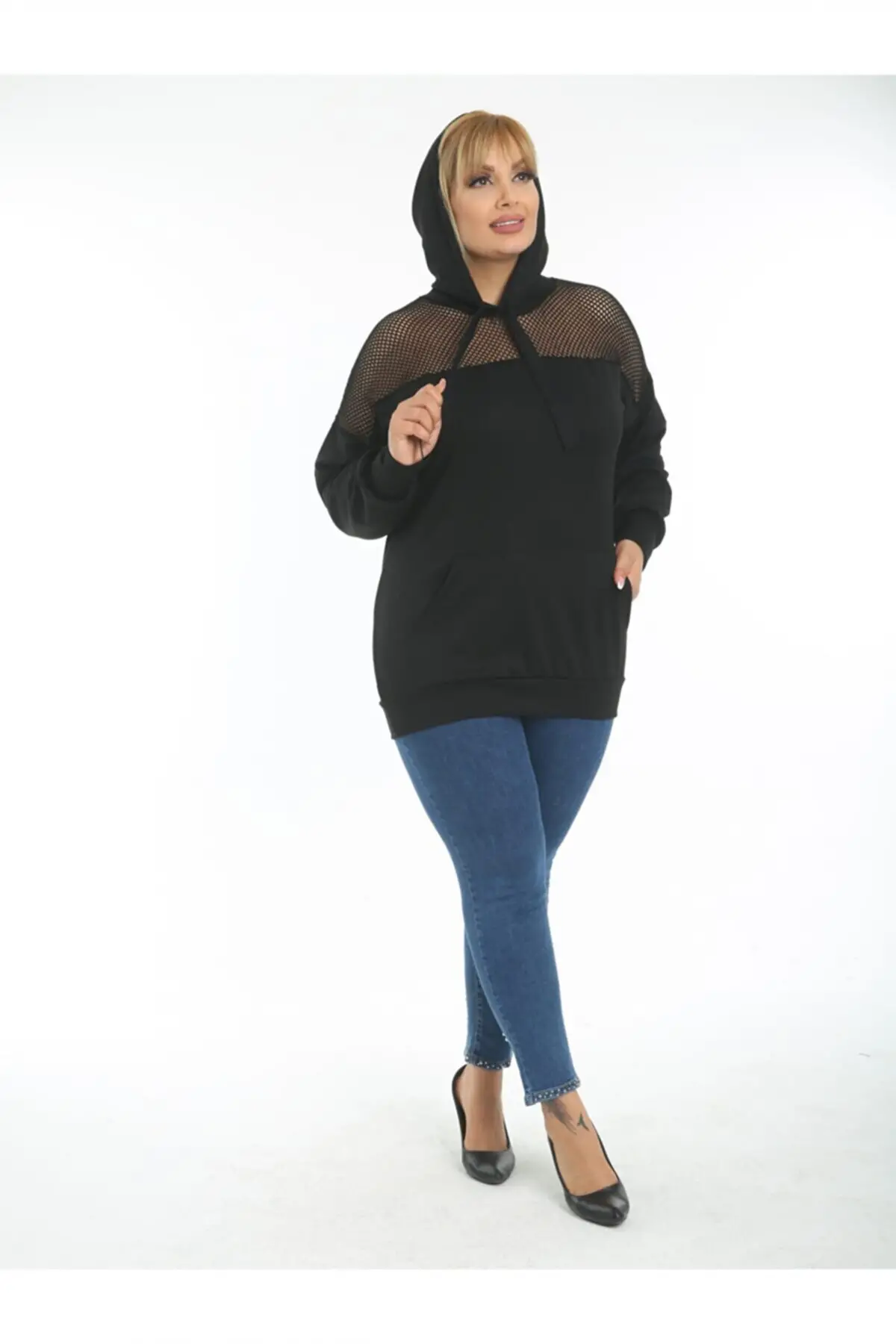 KADIN SİYAH BÜYÜK BEDEN KAPŞONLU FİLE DETAY ESNEK ÇELİK SWEATSHIRT
