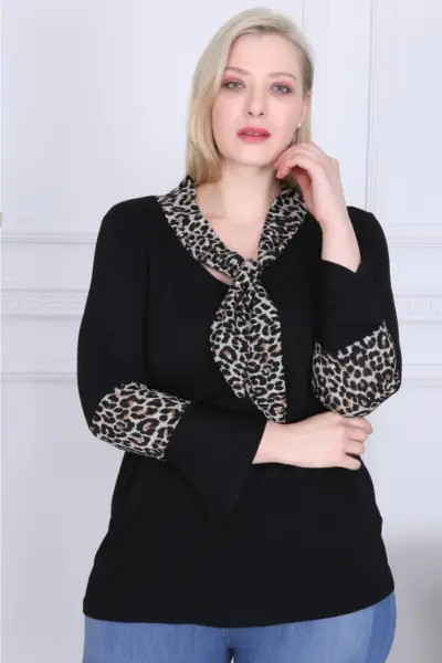 KADIN SİYAH BÜYÜK BEDEN YAKASI KOLLARI LEOPAR FULAR LİKRALI VİSKON BLUZ