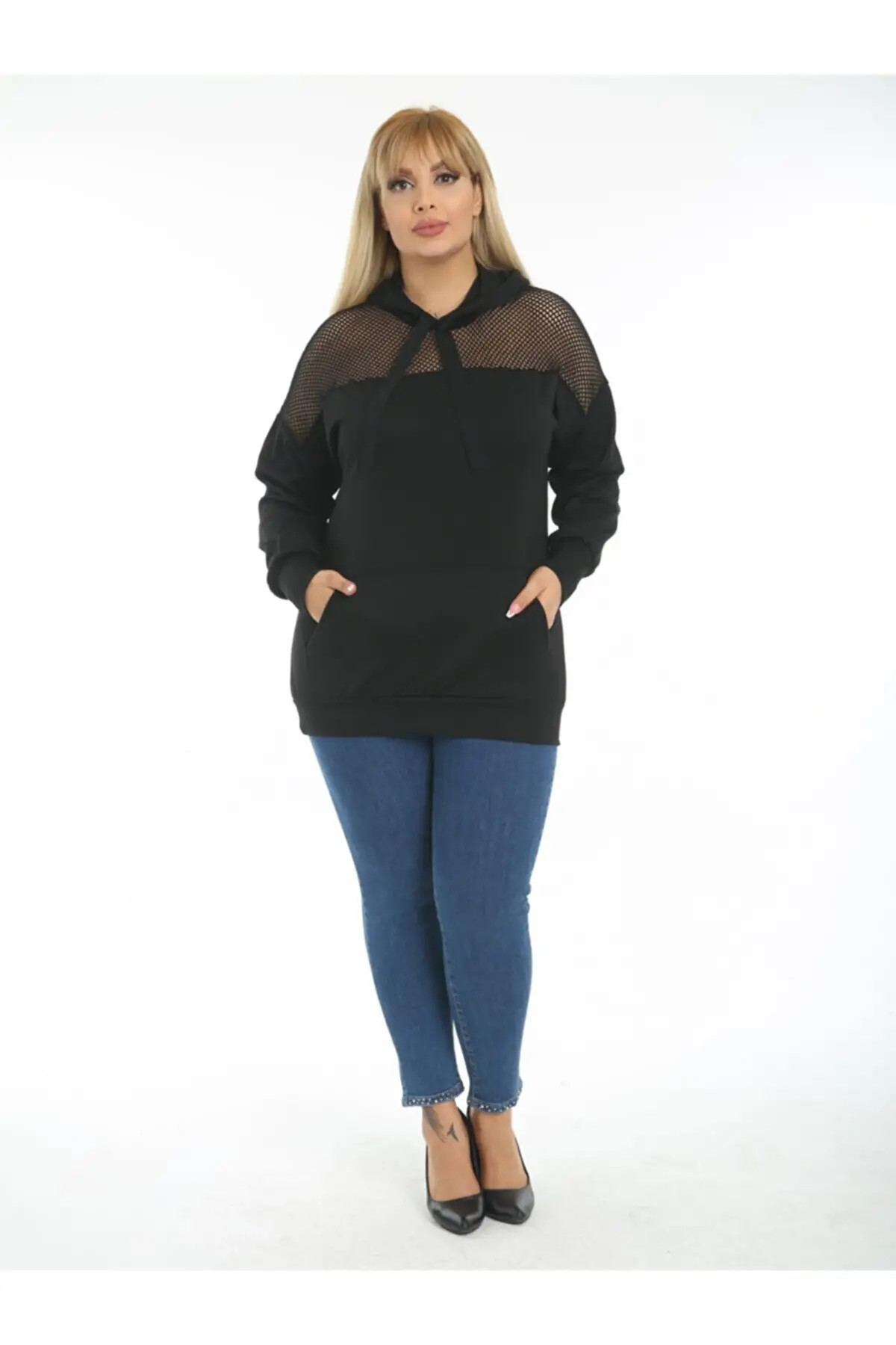KADIN SİYAH BÜYÜK BEDEN KAPŞONLU FİLE DETAY ESNEK ÇELİK SWEATSHIRT