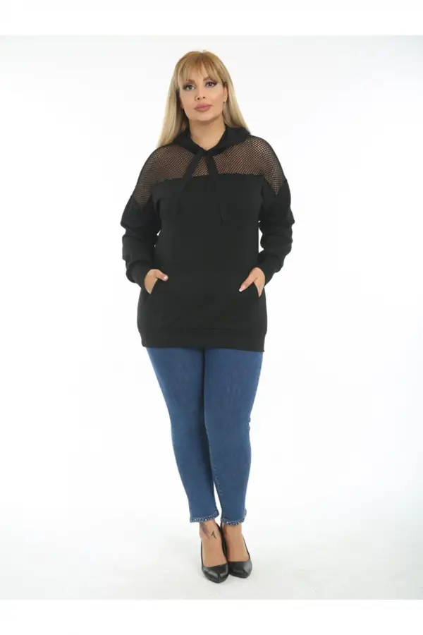 KADIN SİYAH BÜYÜK BEDEN KAPŞONLU FİLE DETAY ESNEK ÇELİK SWEATSHIRT