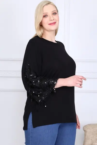 KADIN SİYAH BÜYÜK BEDEN KOLLARI İSPANYOL PAYETLİ SARKITLI LİKRALI VİSKON BLUZ
