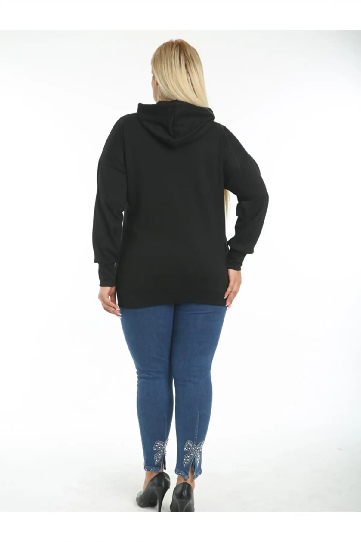 KADIN SİYAH BÜYÜK BEDEN KAPŞONLU FİLE DETAY ESNEK ÇELİK SWEATSHIRT