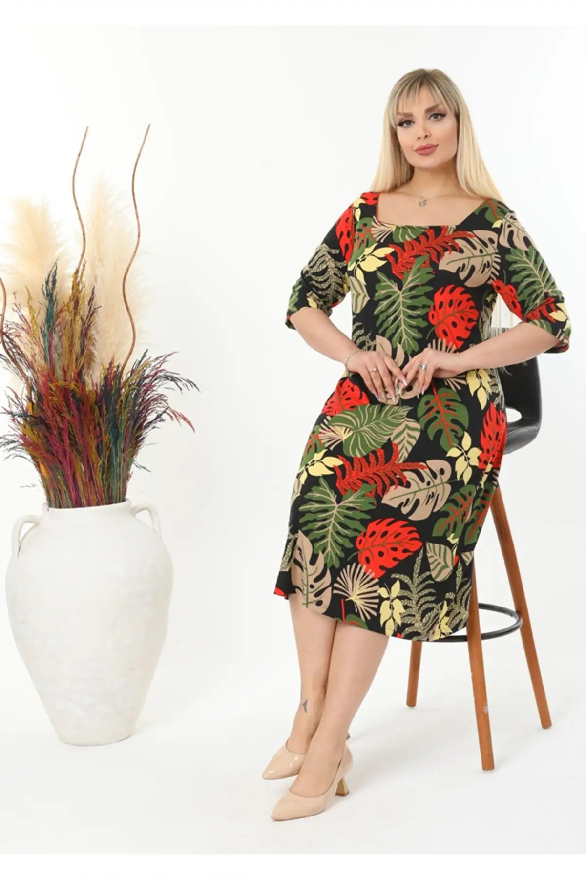 KADIN BÜYÜK BEDEN KARE YAKA TRUVAKAR KOL ESNEK VİSKON ELBİSE