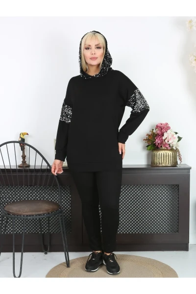KADIN BÜYÜK BEDEN KAPŞONLU PUL PAYET DETAY ESNEK SWEATSHIRT