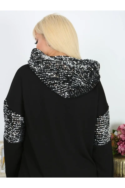 KADIN BÜYÜK BEDEN KAPŞONLU PUL PAYET DETAY ESNEK SWEATSHIRT