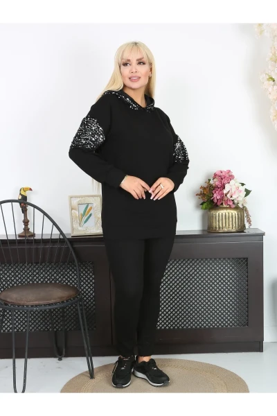 KADIN BÜYÜK BEDEN KAPŞONLU PUL PAYET DETAY ESNEK SWEATSHIRT