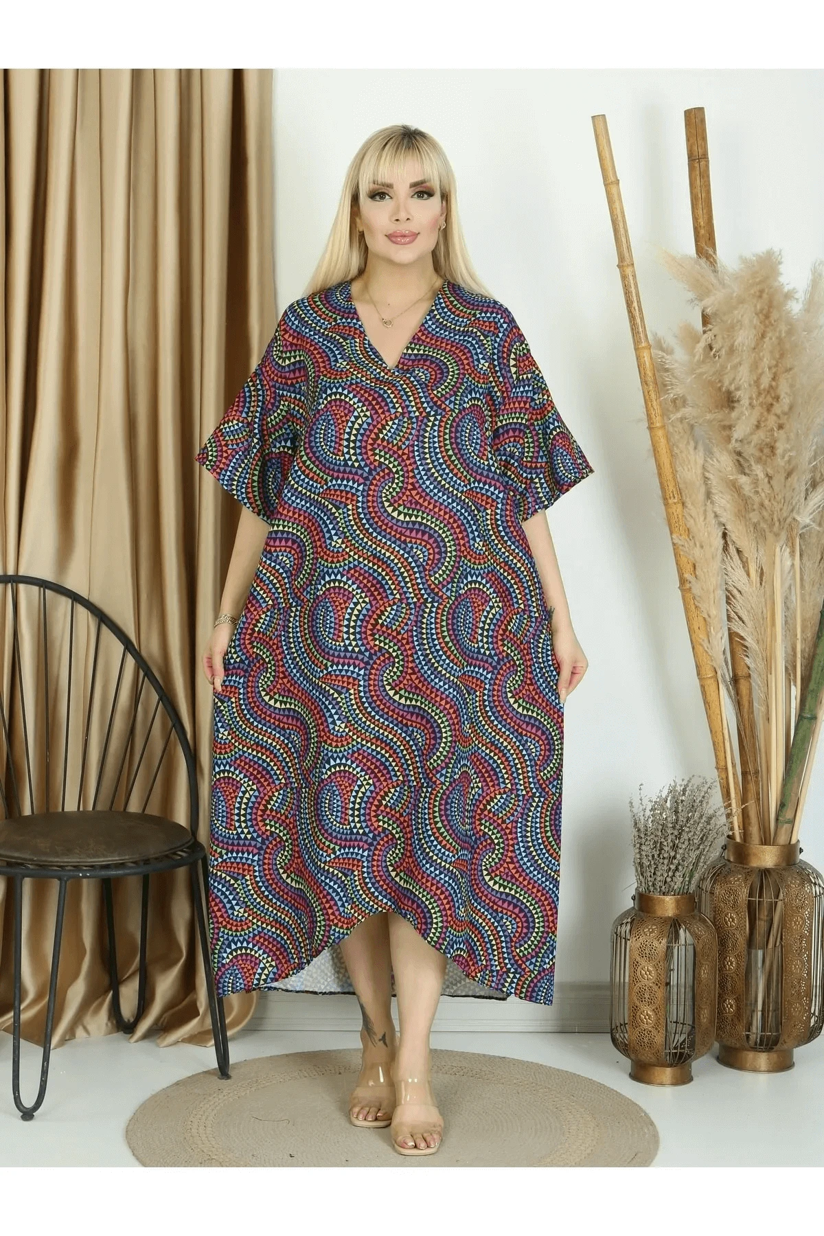 KADIN BÜYÜK BEDEN CEPLİ V YAKA DOKUMA ANGEL ELBİSE (KEMER DAHİL DEĞİL)