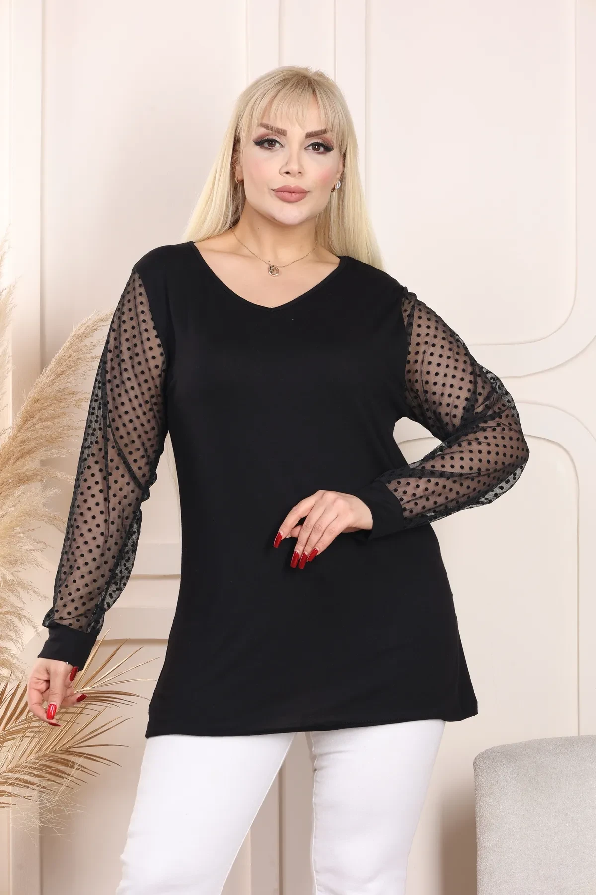 KADIN BÜYÜK BEDEN PUANTİYE TÜLLÜ KOL DETAY ESNEK VİSKON BLUZ