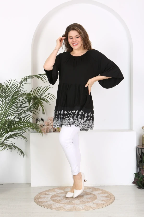 KADIN BÜYÜK BEDEN MADONNA YAKA ETEK FİSTO DETAY ESNEK VİSKON TUNİK