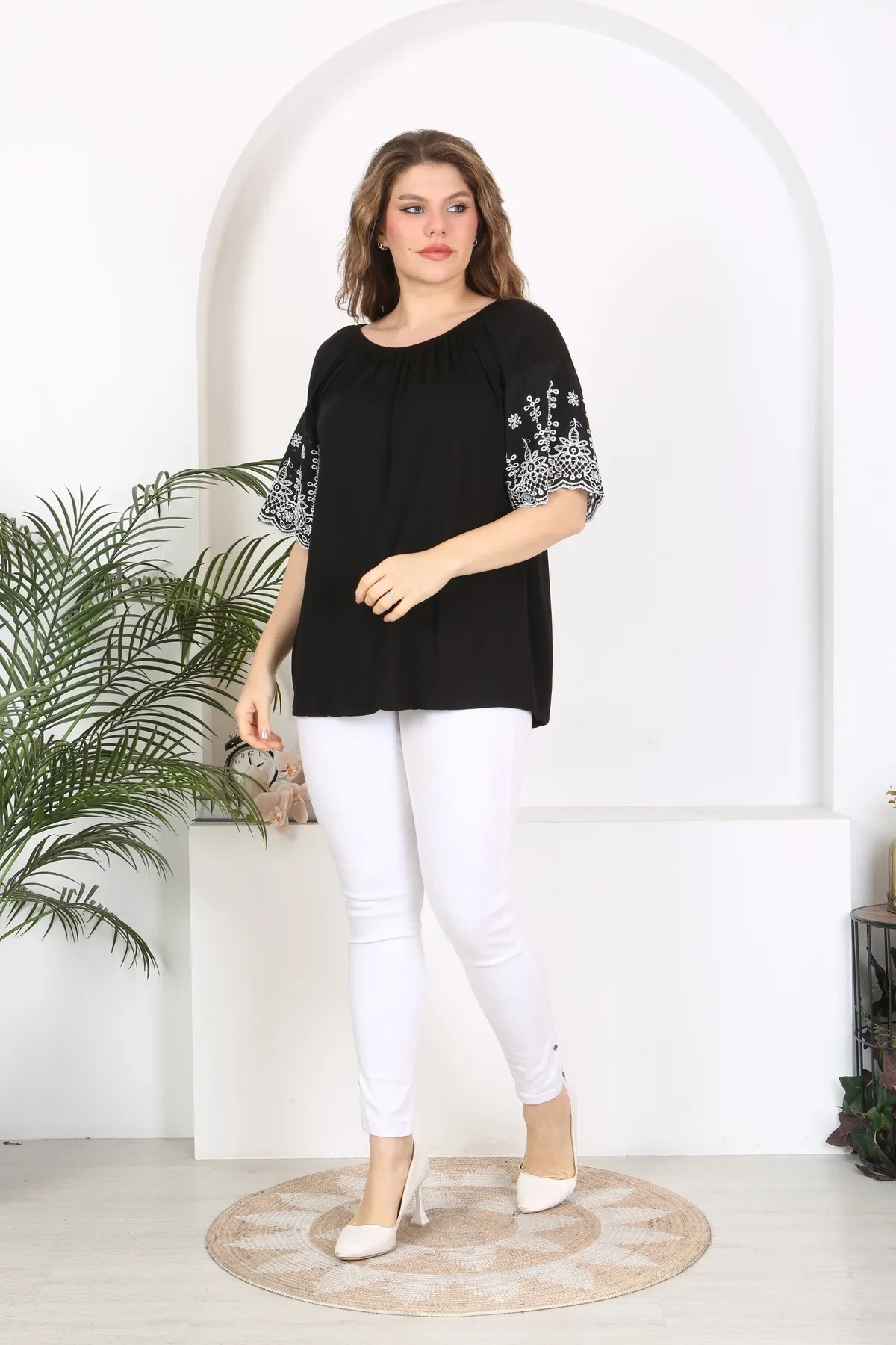 KADIN BÜYÜK BEDEN MADONNA YAKA KOL FİSTO DETAY ESNEK VİSKON TUNİK