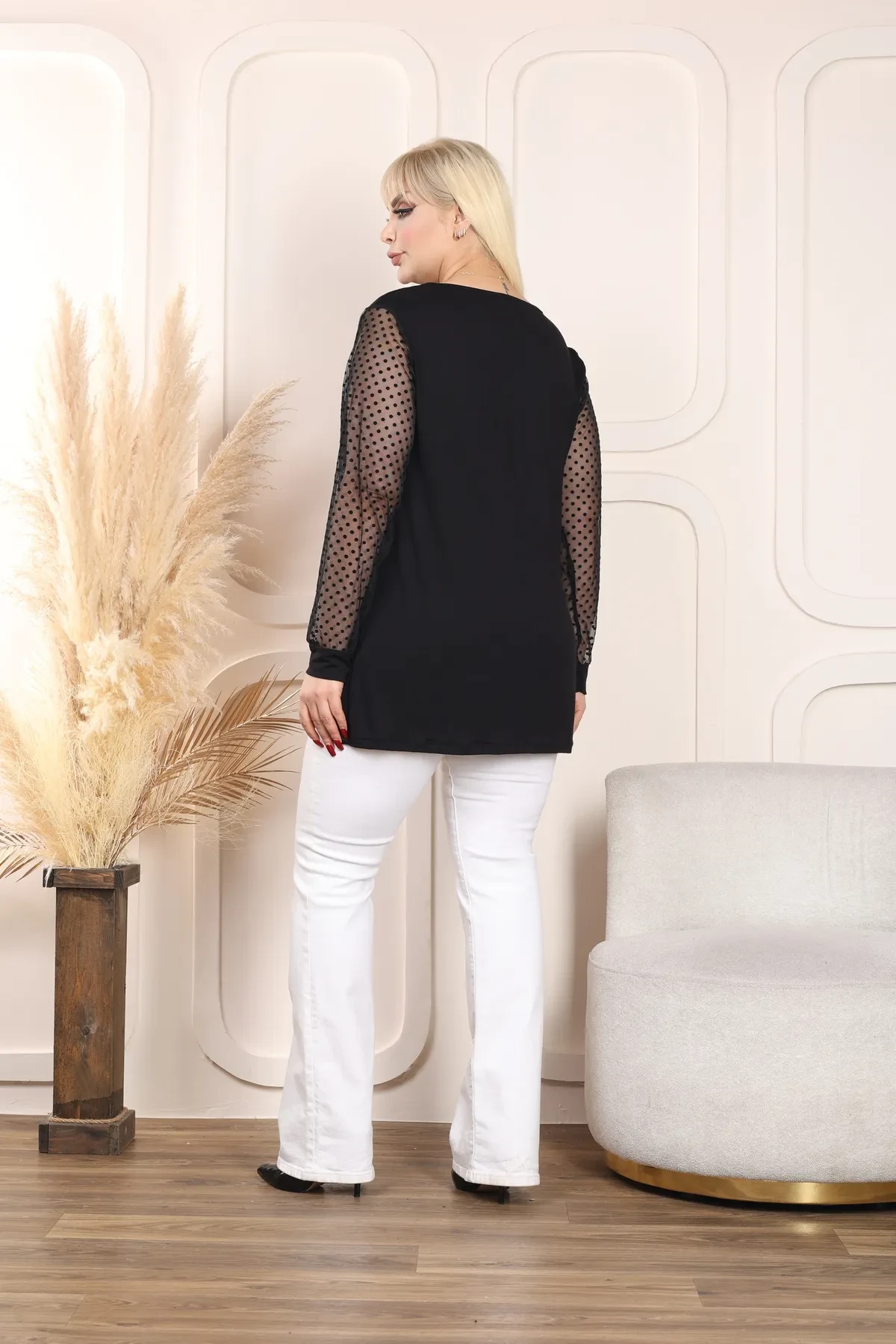 KADIN BÜYÜK BEDEN PUANTİYE TÜLLÜ KOL DETAY ESNEK VİSKON BLUZ