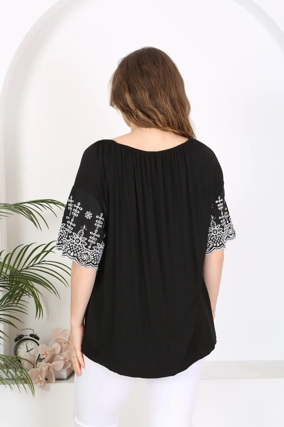 KADIN BÜYÜK BEDEN MADONNA YAKA KOL FİSTO DETAY ESNEK VİSKON TUNİK