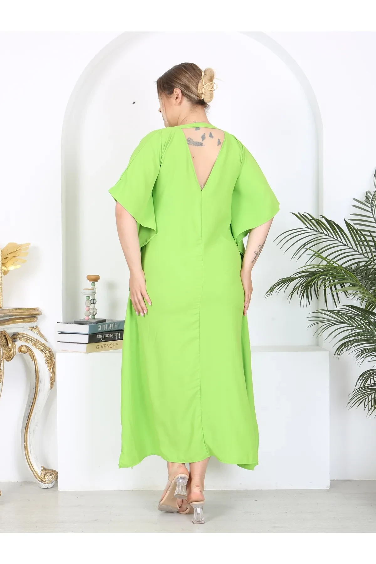 KADIN BÜYÜK BEDEN YARASA KOL YIRTMAÇ DETAY DOKUMA JESSİCA ELBİSE