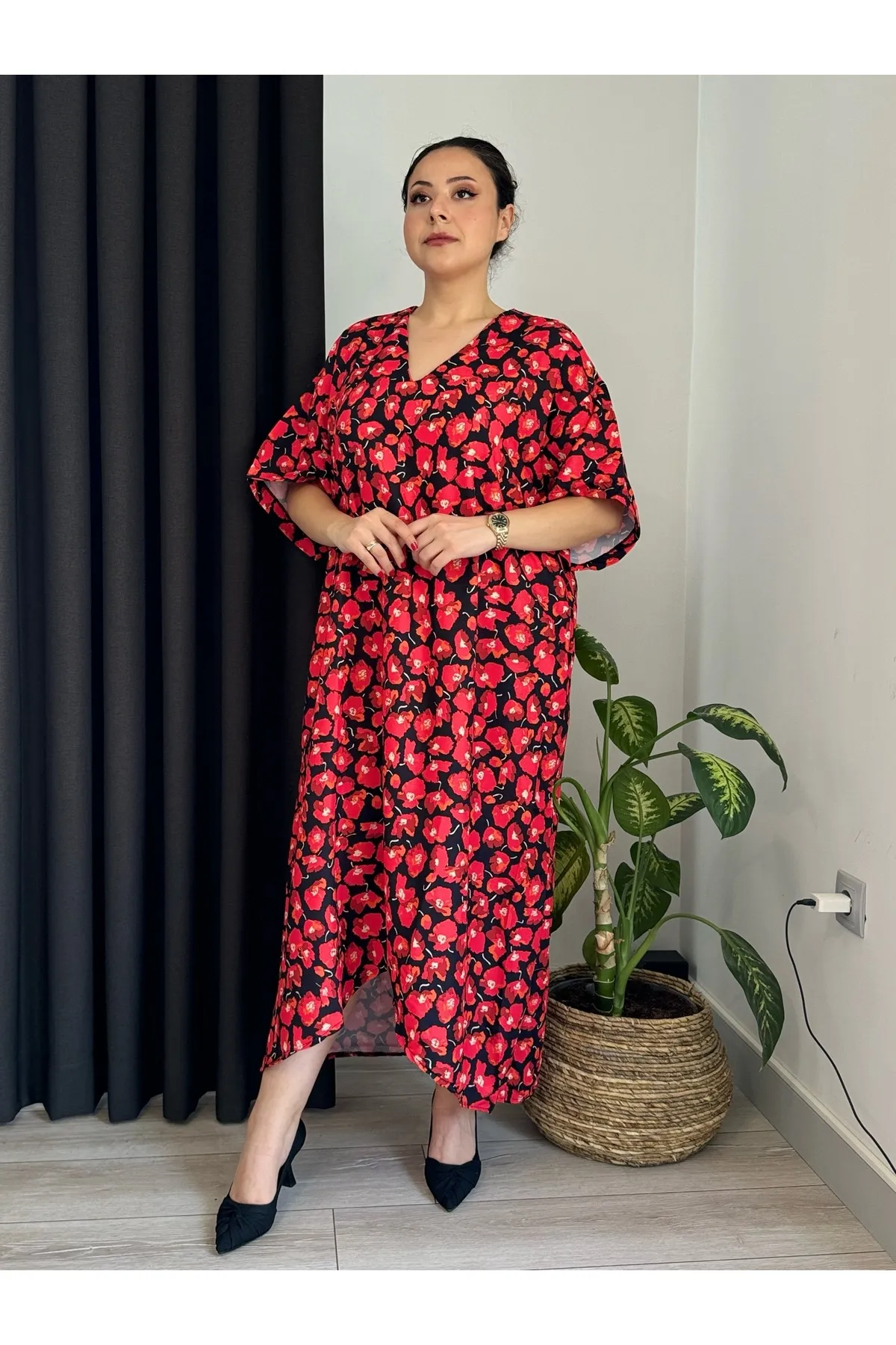 KADIN BÜYÜK BEDEN CEPLİ ASİMETRİK V YAKA DOKUMA ANGEL ELBİSE