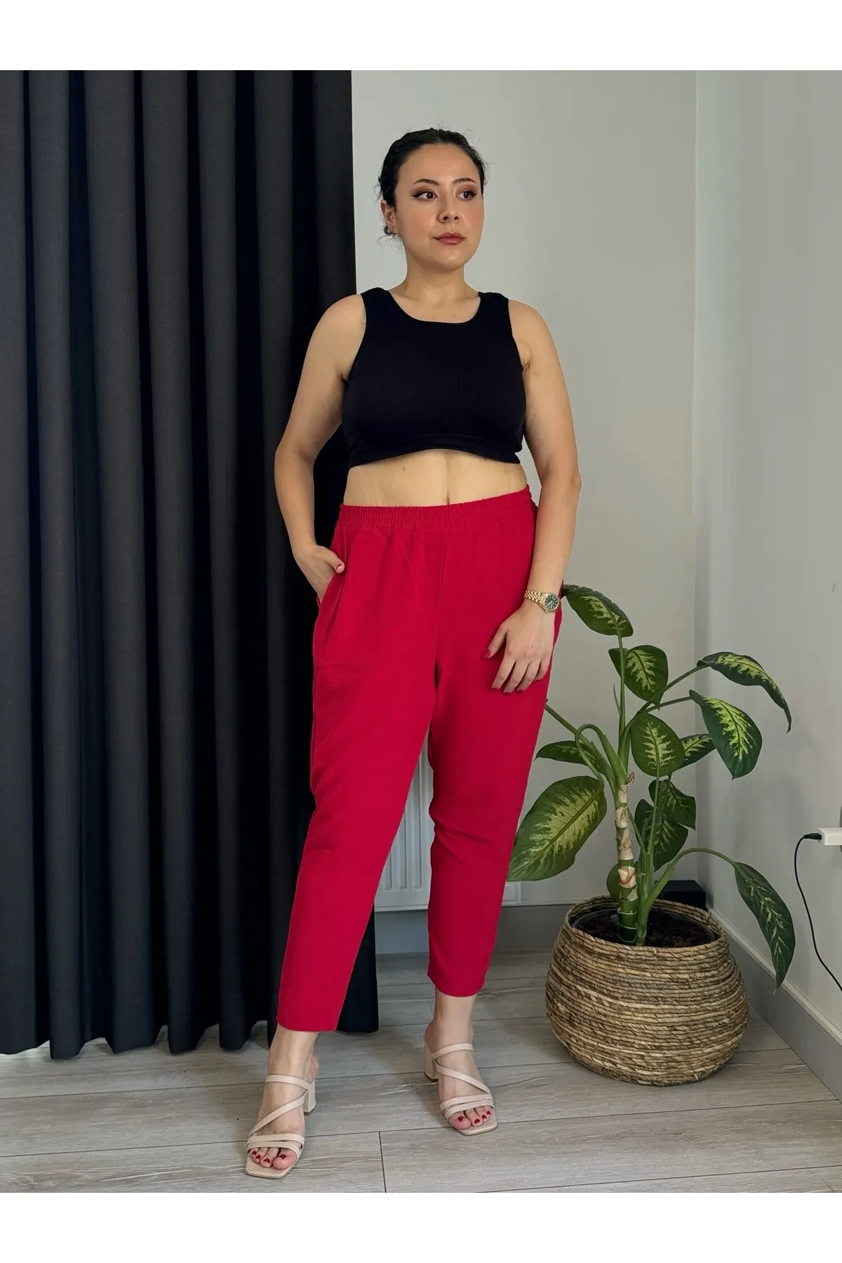 KADIN BÜYÜK BEDEN CEPLİ BELİ LASTİKLİ AEROBİN HAVUÇ PANTOLON