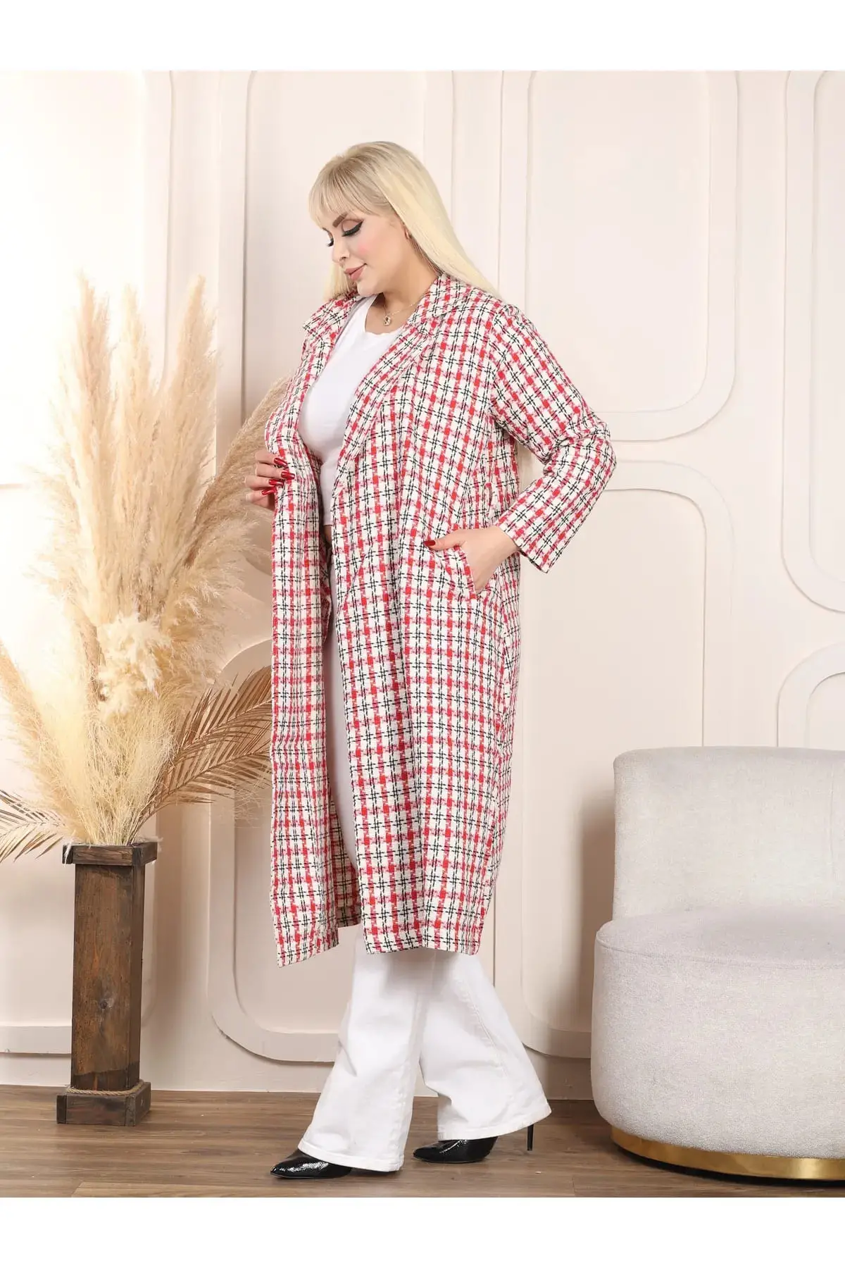 KADIN BÜYÜK BEDEN KUŞAKLI CEPLİ ÖRME TÜVİT KUMAŞ KAP