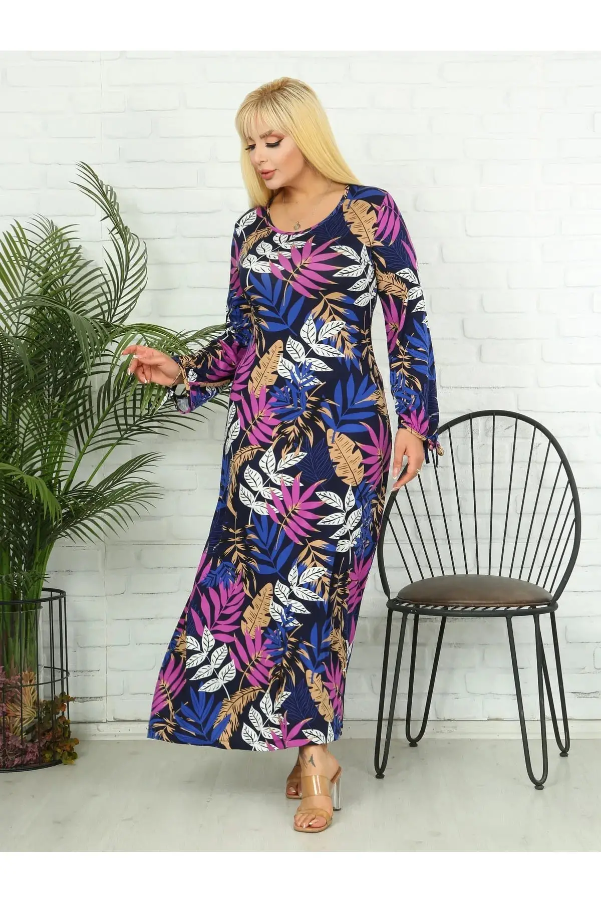 KADIN BÜYÜK BEDEN BAĞLAMALI BALON KOL ESNEK VİSKON ELBİSE