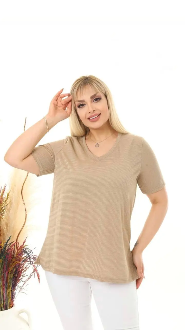KADIN BÜYÜK BEDEN V YAKA SİMLİ ÇİZGİLİ VİSKON TSHIRT
