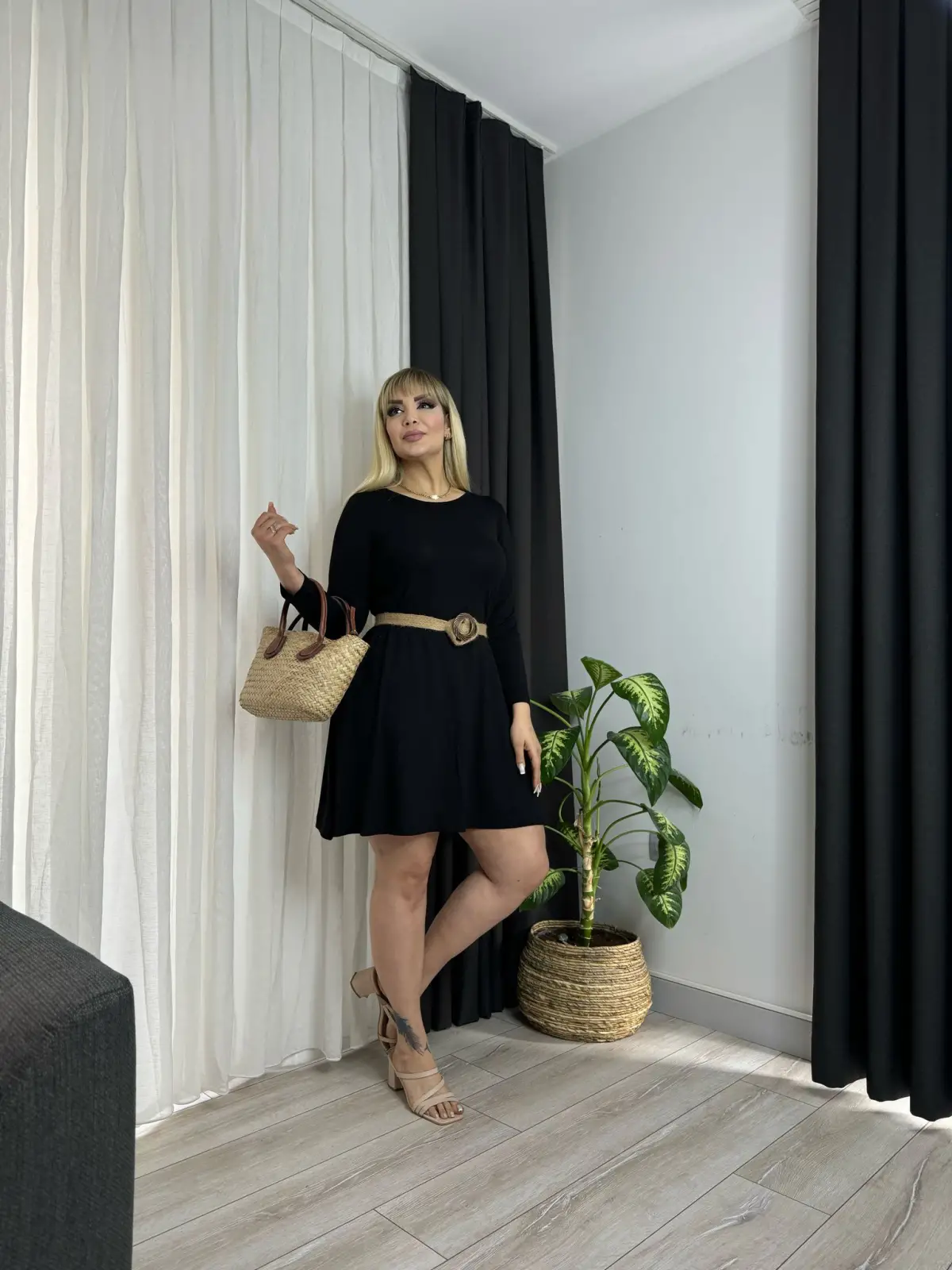 KADIN BÜYÜK BEDEN BELDEN OTURTMALI CEPLİ LİKRALI  HASIR KEMERLİ VİSKON ELBİSE