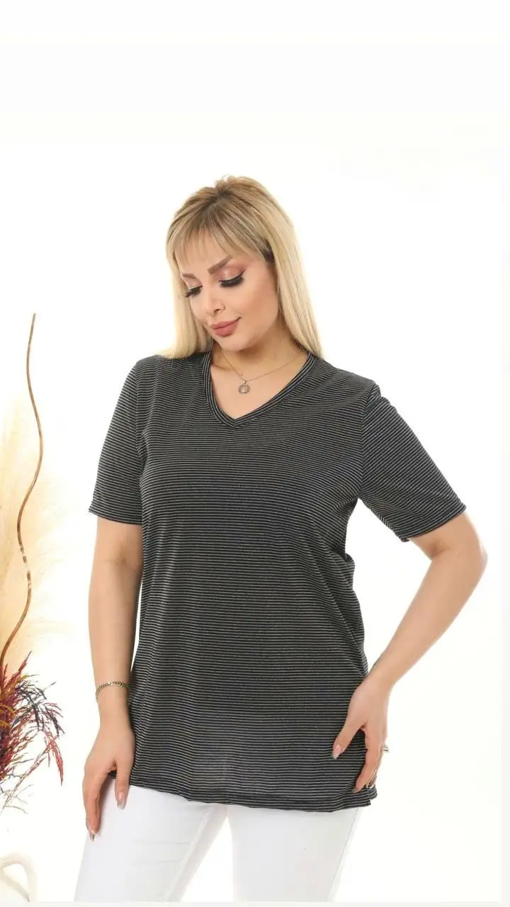 KADIN BÜYÜK BEDEN V YAKA SİMLİ ÇİZGİLİ VİSKON TSHIRT