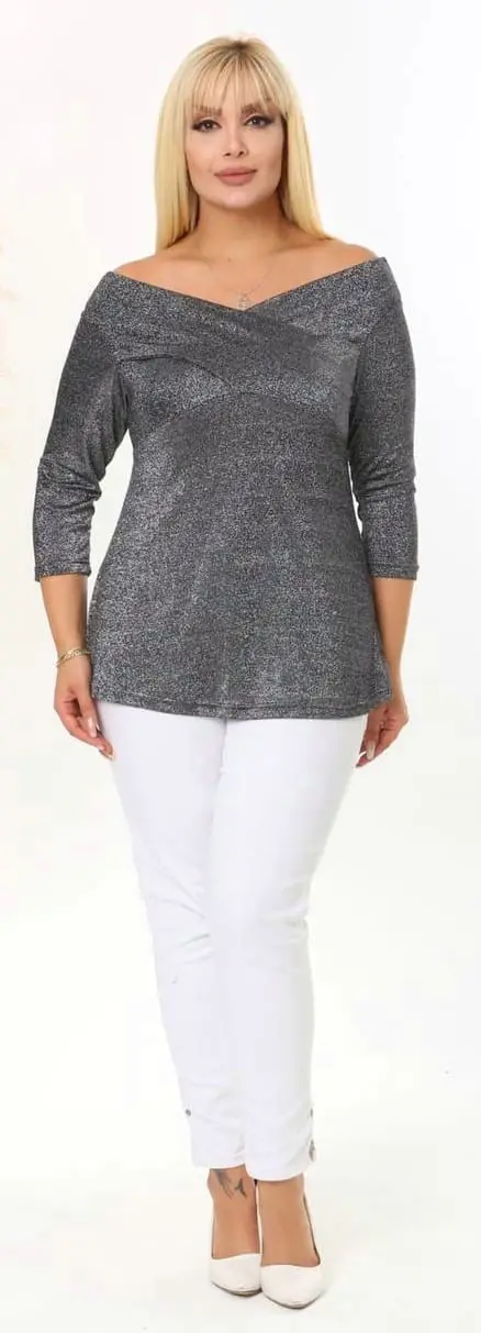 KADIN BÜYÜK BEDEN DEGAJE YAKA LAME BLUZ