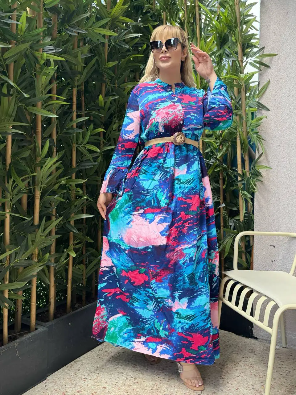 KADIN BÜYÜK BEDEN DÜĞMELİ YAKASI PATLI İSPANYOL KOL DOKUMA ELBİSE