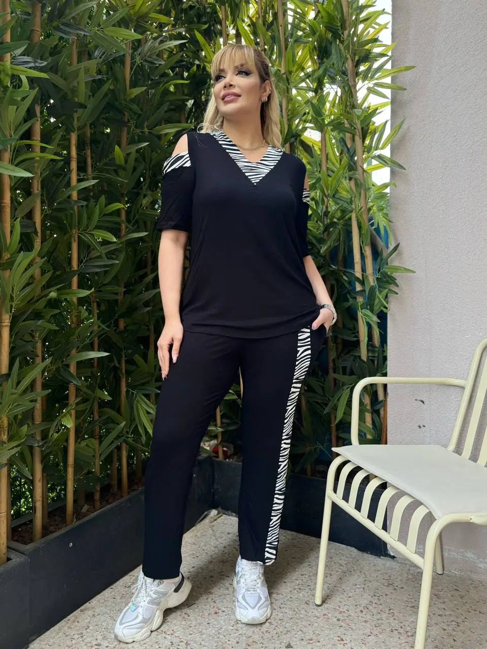 KADIN BÜYÜK BEDEN OMUZ PENCERE GARNİ ŞERİT DETAY LİKRALI VİSKON TAKIM