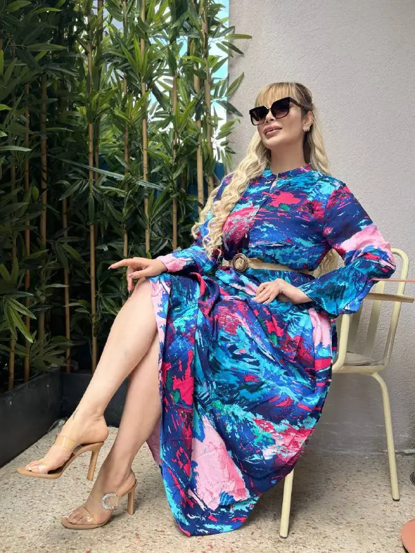 KADIN BÜYÜK BEDEN DÜĞMELİ YAKASI PATLI İSPANYOL KOL DOKUMA ELBİSE