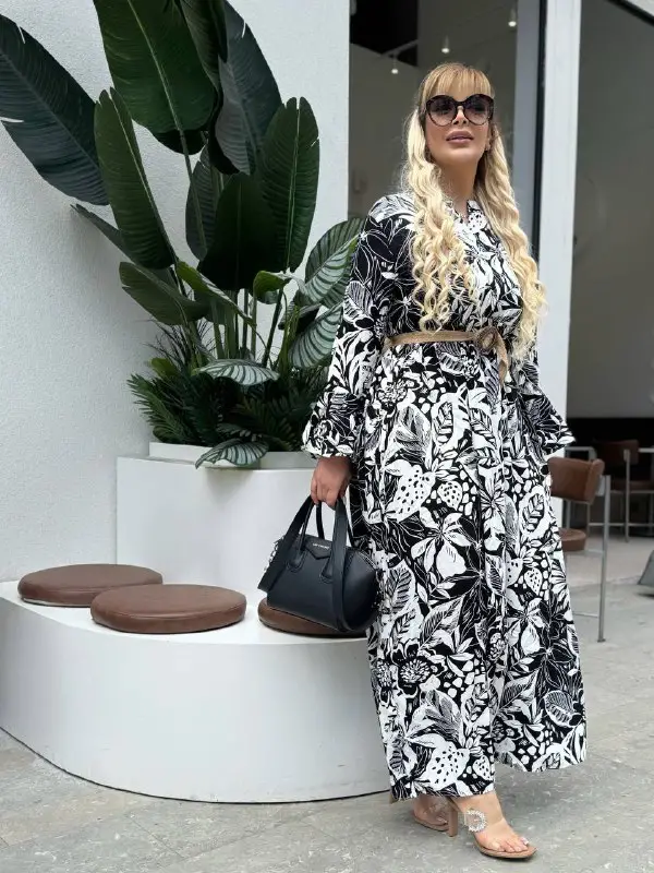 KADIN BÜYÜK BEDEN DÜĞMELİ YAKASI PATLI İSPANYOL KOL DOKUMA ELBİSE