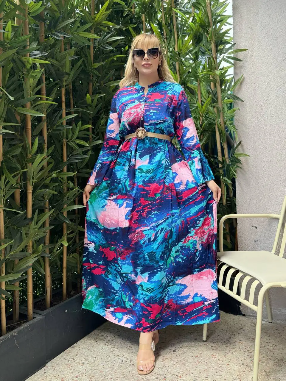 KADIN BÜYÜK BEDEN DÜĞMELİ YAKASI PATLI İSPANYOL KOL DOKUMA ELBİSE