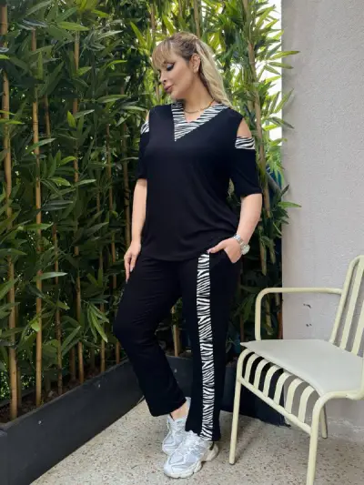 KADIN BÜYÜK BEDEN OMUZ PENCERE GARNİ ŞERİT DETAY LİKRALI VİSKON TAKIM