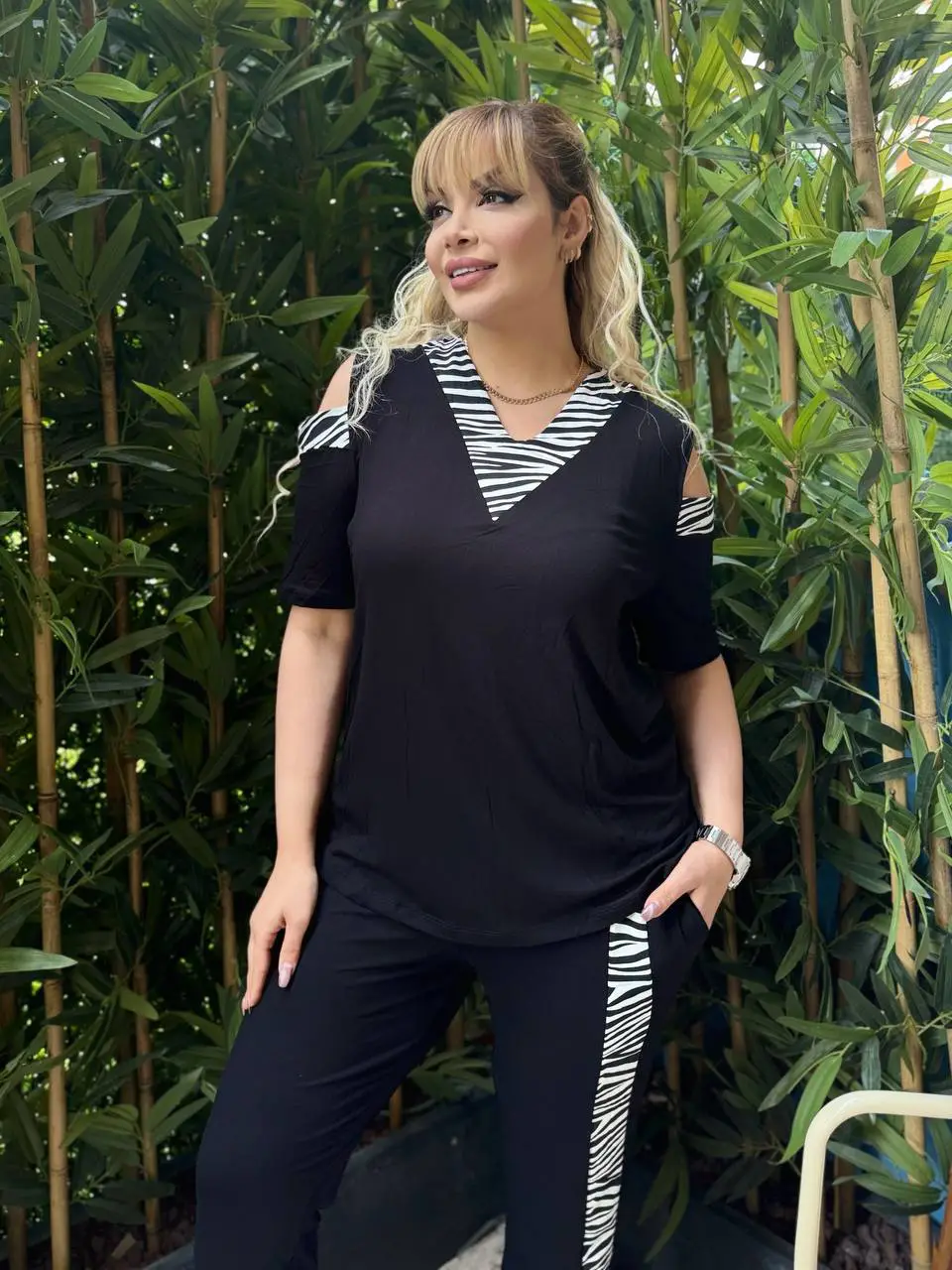 KADIN BÜYÜK BEDEN OMUZ PENCERE GARNİ ŞERİT DETAY LİKRALI VİSKON TAKIM