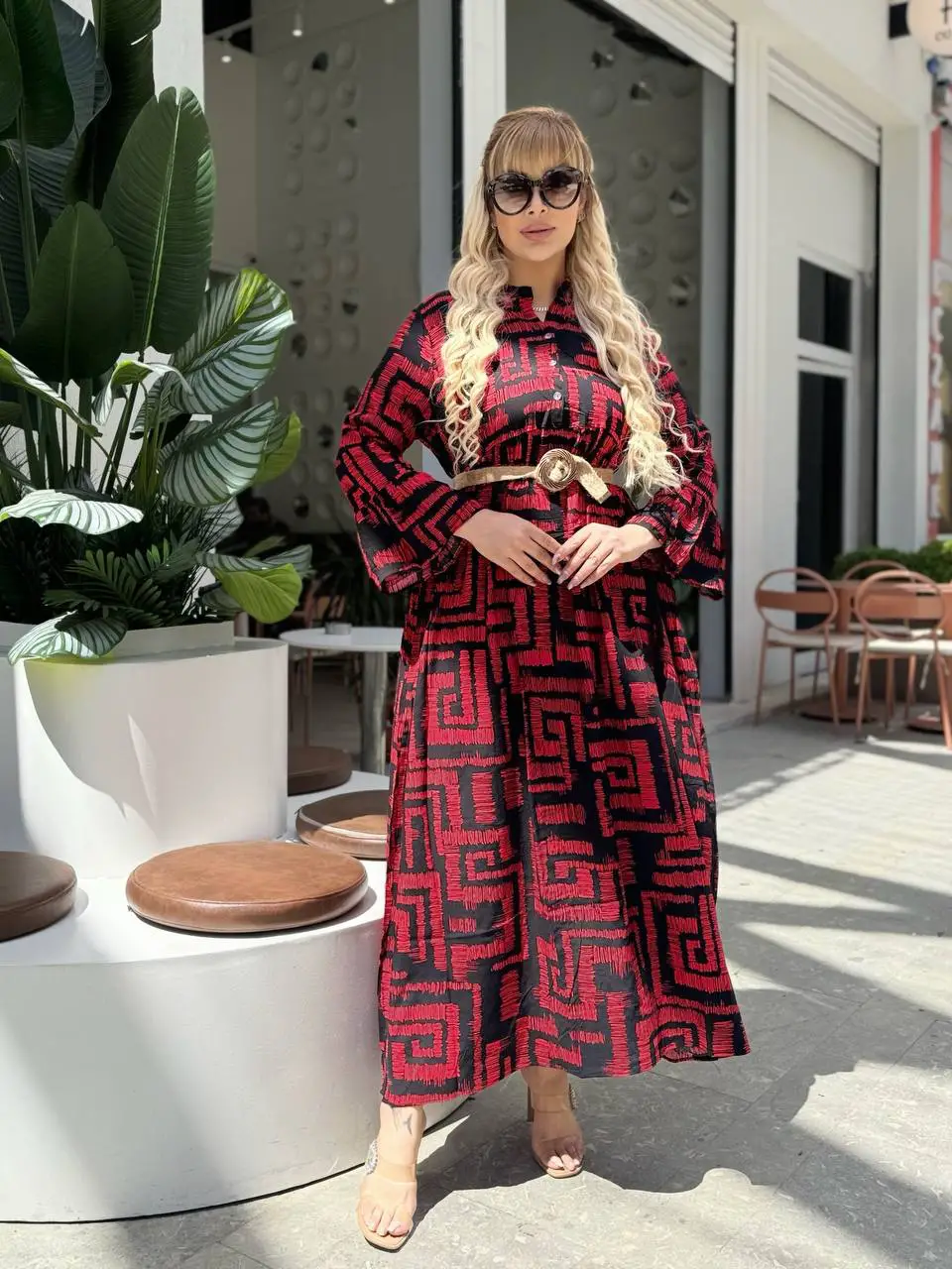 KADIN BÜYÜK BEDEN DÜĞMELİ YAKASI PATLI İSPANYOL KOL DOKUMA ELBİSE