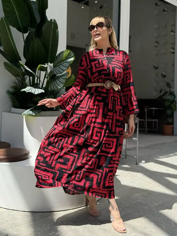 KADIN BÜYÜK BEDEN DÜĞMELİ YAKASI PATLI İSPANYOL KOL DOKUMA ELBİSE