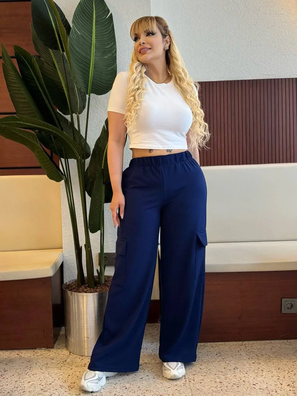 KADIN BÜYÜK BEDEN KARGO CEPLİ BELİ LASTİKLİ ESNEK KREP PANTOLON