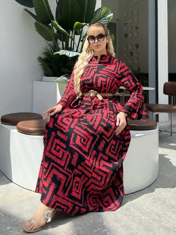 KADIN BÜYÜK BEDEN DÜĞMELİ YAKASI PATLI İSPANYOL KOL DOKUMA ELBİSE