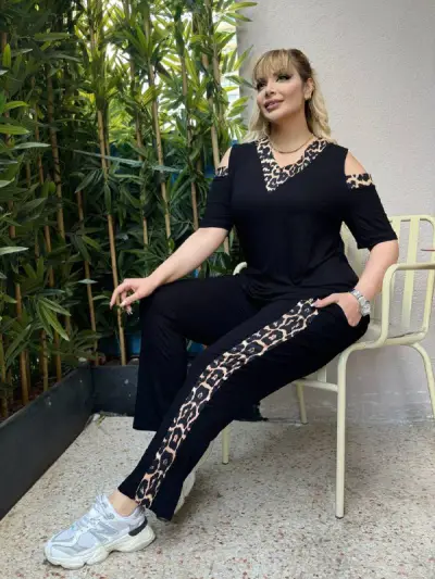 KADIN BÜYÜK BEDEN OMUZ PENCERE GARNİ ŞERİT DETAY LİKRALI VİSKON TAKIM