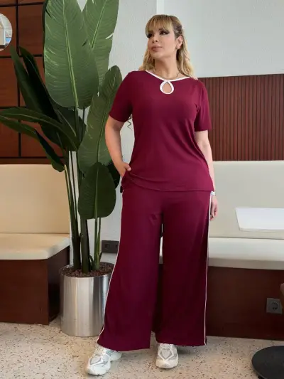 KADIN BÜYÜK BEDEN CEPLİ BİYELİ DAMLA DETAY LİKRALI VİSKON TAKIM